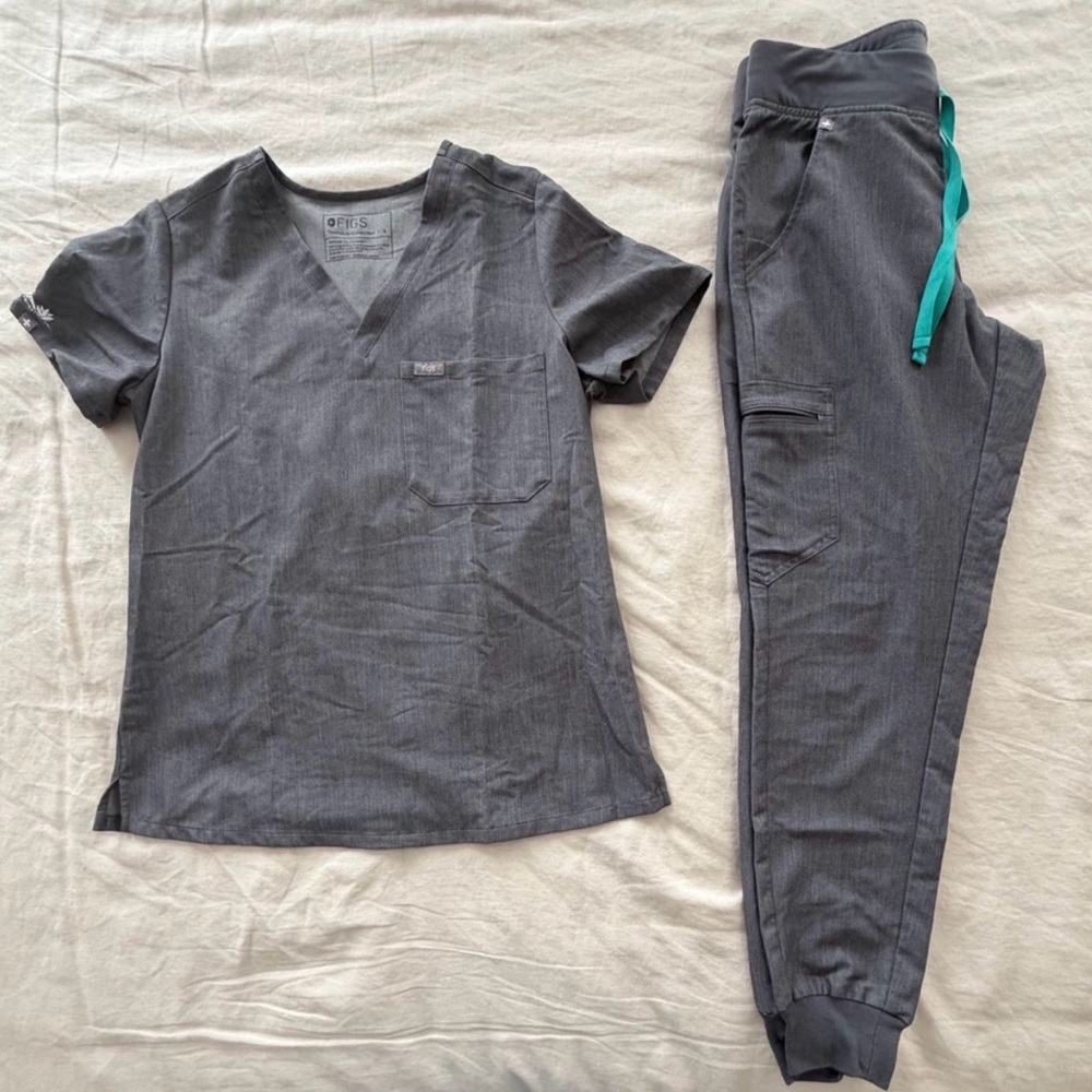 Figs Charcoal Gray Track Jogger Pants with Teal Drawstring